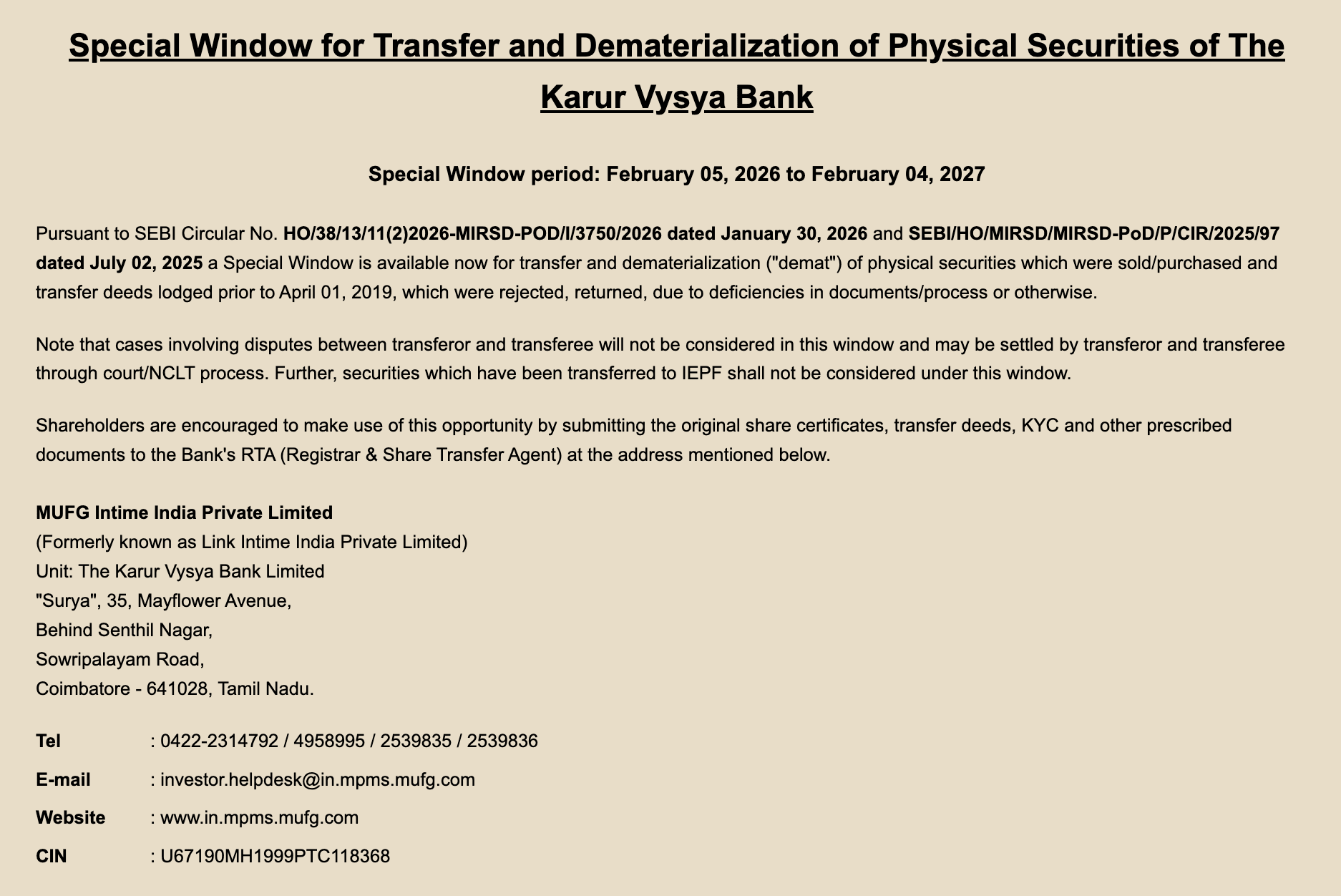 Special Window for Transfer and Dematerialization of Physical Securities of The Karur Vysya Bank